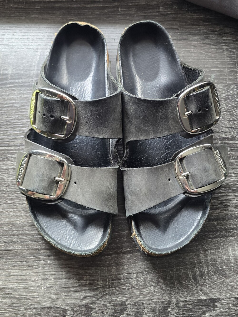 Birkenstock Big Buckle Black Leather Two-Strap Sandals